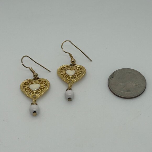 Vintage Gold-Tone Heart Drop Earrings With White Accents & Filigree Design - Picture 7 of 16